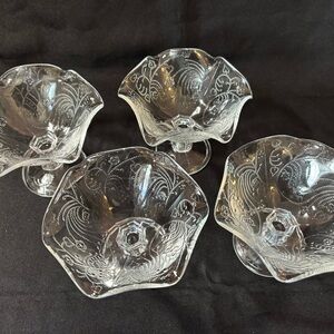 Set of Four Vintage Footed Pressed Glass Ruffled Filigree Heart Dessert Dishes